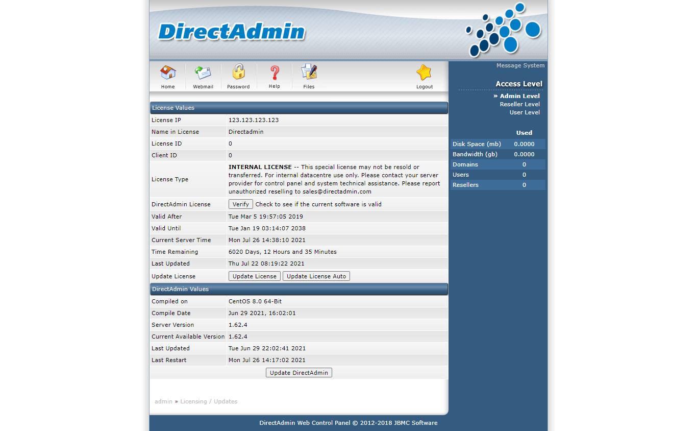 panel de control web de administración directa posterior software jbmc